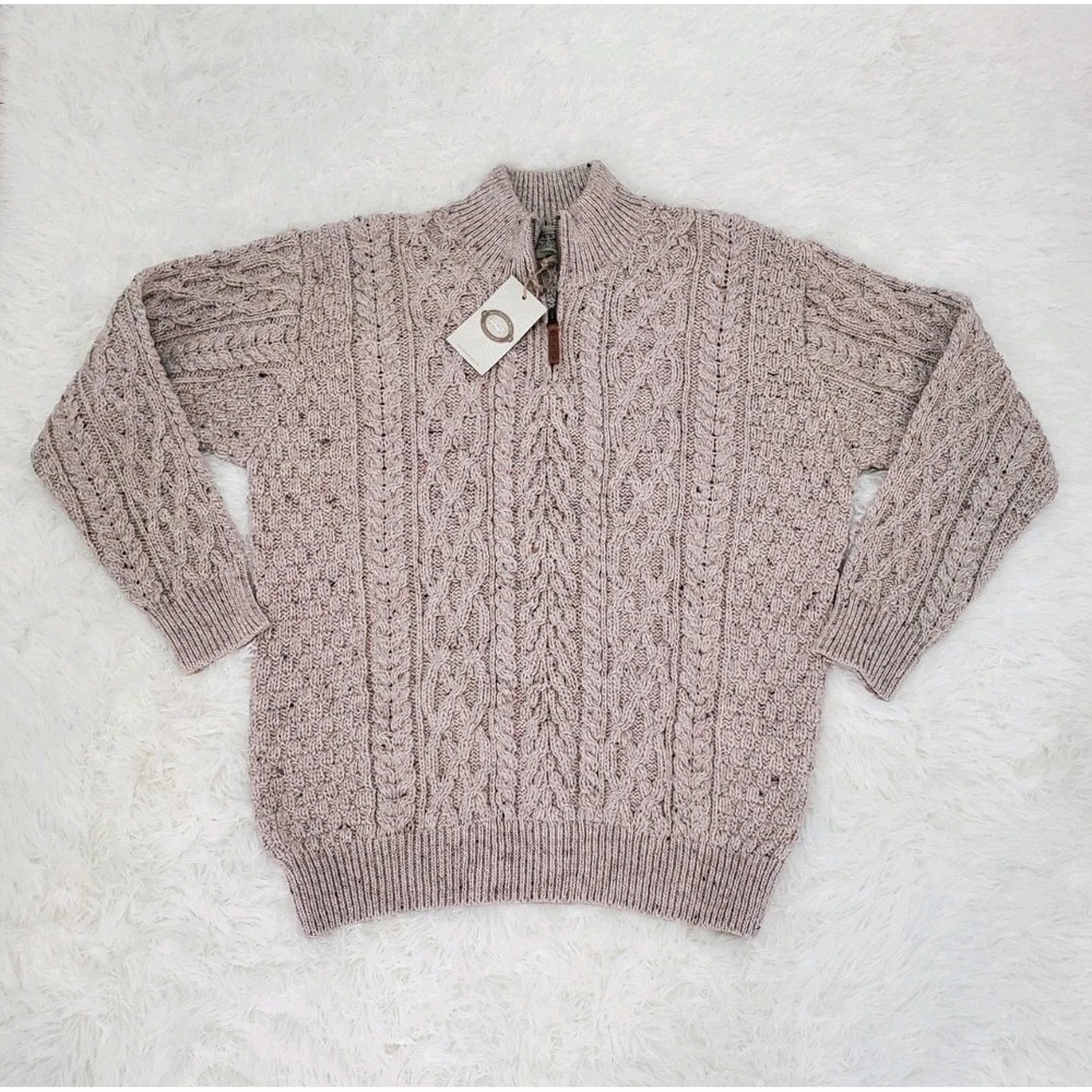 Aran Sweater Market Zip Neck Sweater OATMEAL Merino Wool Made In Ireland XXL